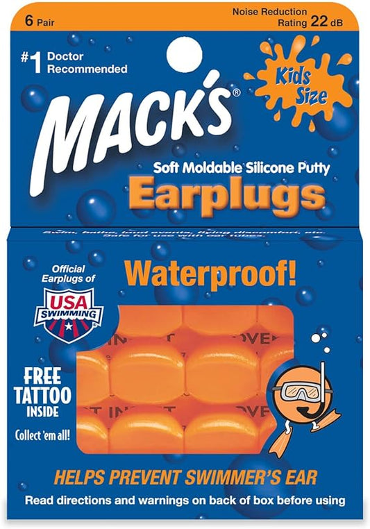 Mack's orange silicone ear plugs, 6 pairs for children - Min order 10 units